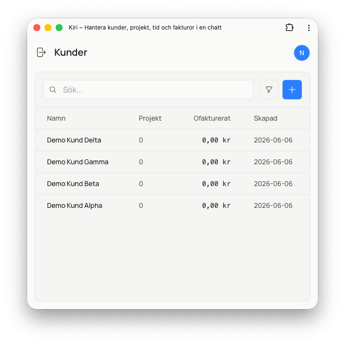 Kundöversikt i Kiri med sökfält, lägg till-knapp och en lista över demo-kunder