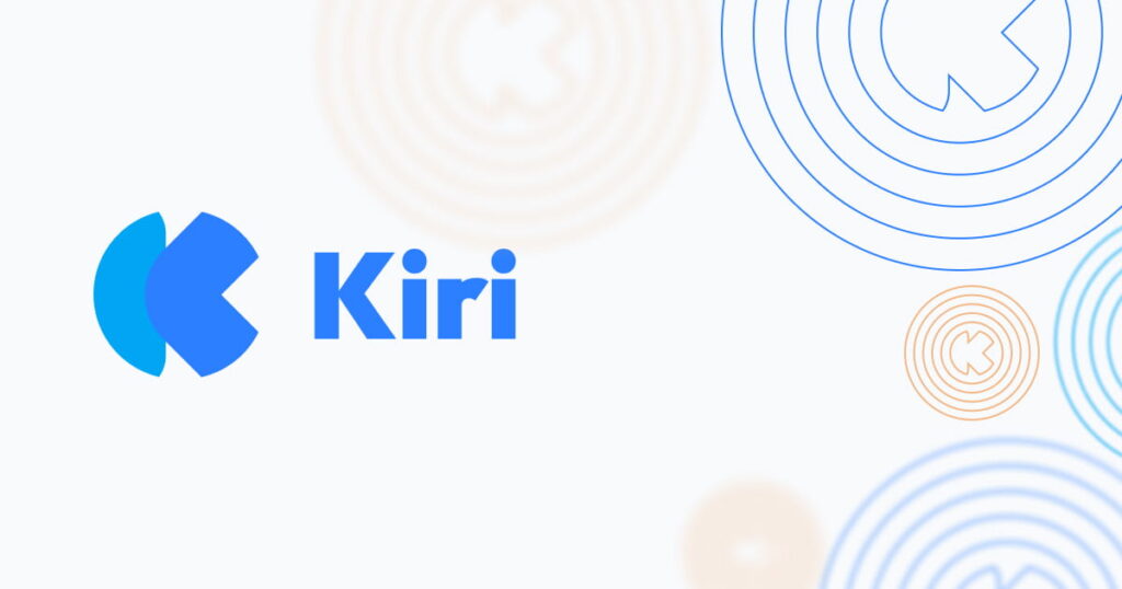 Kiri-logotyp med blått K och dekorativa cirklar