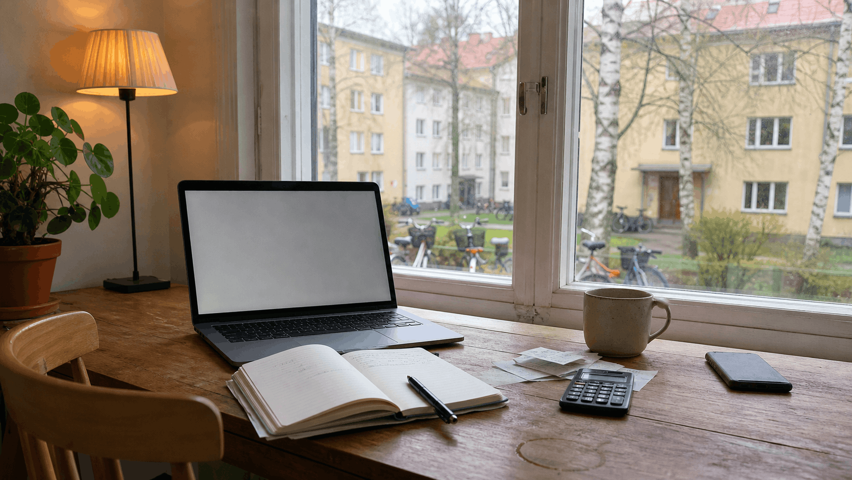 Arbetsplats vid fönster med laptop, anteckningsbok, kopp, miniräknare och mobiltelefon